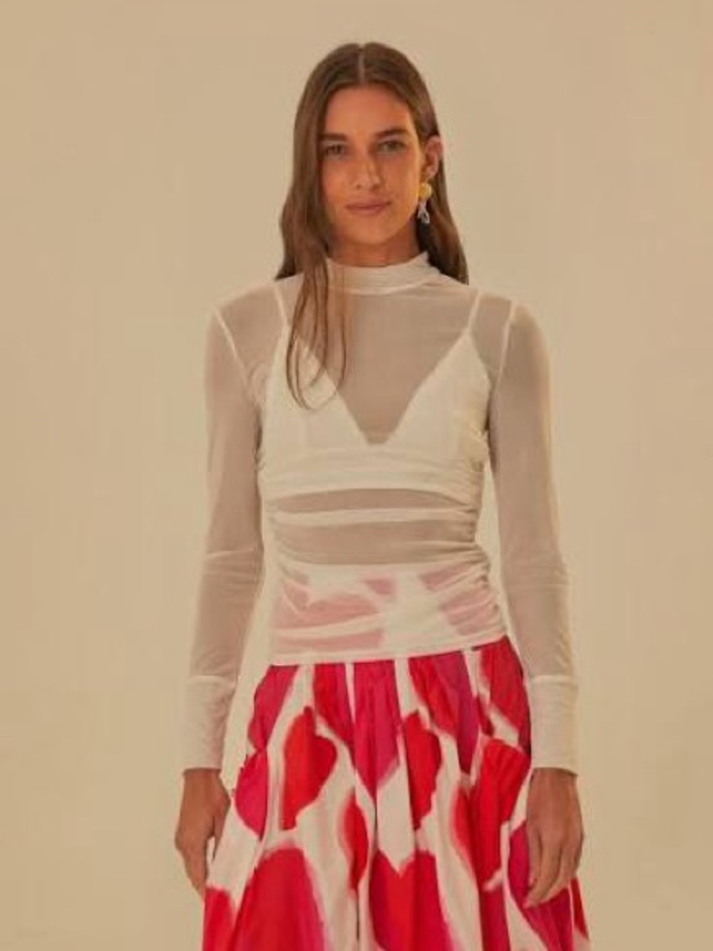 Farm Rio Off White Tulle Long Sleeved Blouse